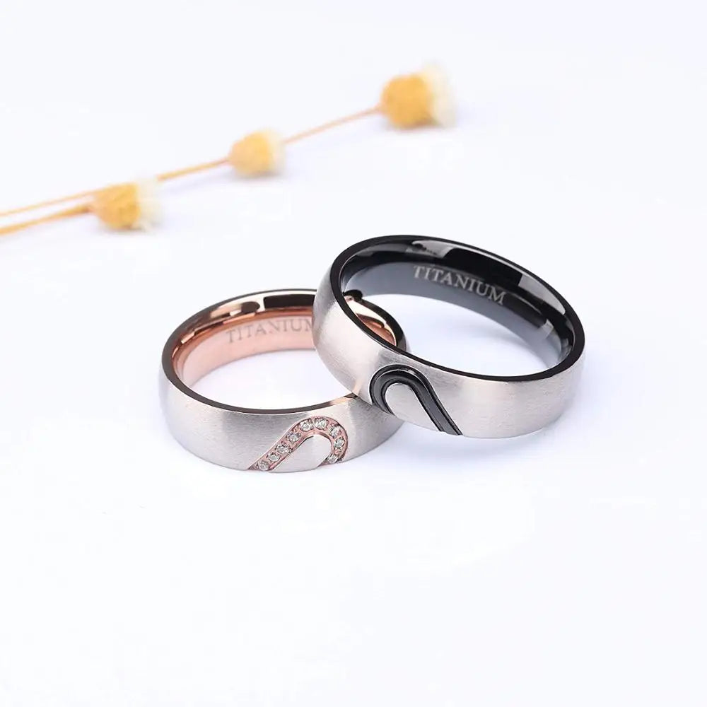 Tigrade Couple Ring High Polish Dome Heart Shape Inlay Titanium Rings for Men Women Wedding Band Jewellery Lover Rings Gift