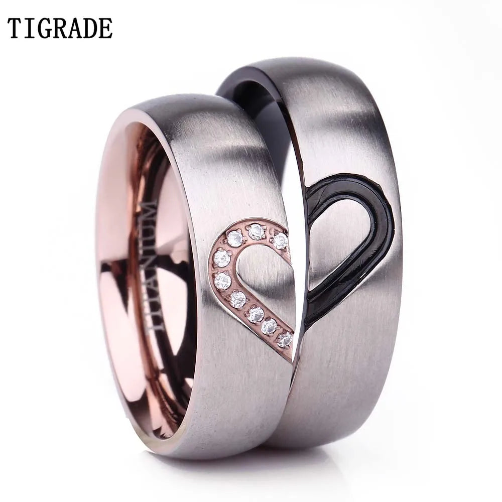 Tigrade Couple Ring High Polish Dome Heart Shape Inlay Titanium Rings for Men Women Wedding Band Jewellery Lover Rings Gift